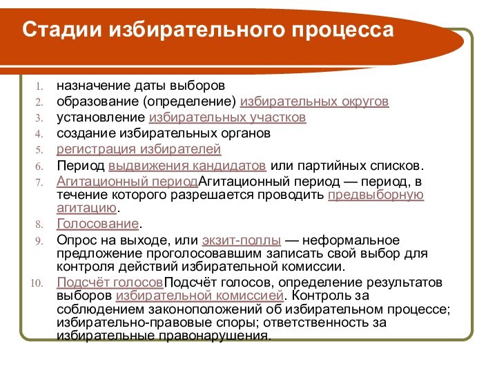 Стадии избирательного процесса назначение даты выборов образование (определение) избирательных округов установление избирательных