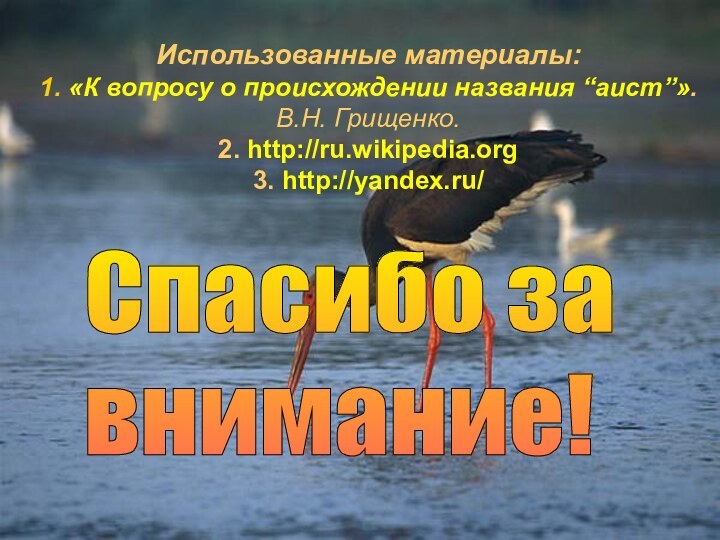 Использованные материалы:1. «К вопросу о происхождении названия “аист”». В.Н. Грищенко. 2. http://ru.wikipedia.org3.