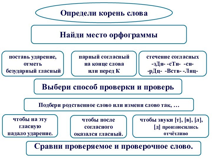 Определи корень словаНайди место орфограммыВыбери способ проверки и проверьСравни проверяемое и проверочное