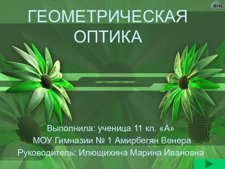 ГЕОМЕТРИЧЕСКАЯ ОПТИКАВыполнила: ученица 11 кл. «А» МОУ Гимназии № 1 Амирбегян ВенераРуководитель: Илющихина Марина Ивановна