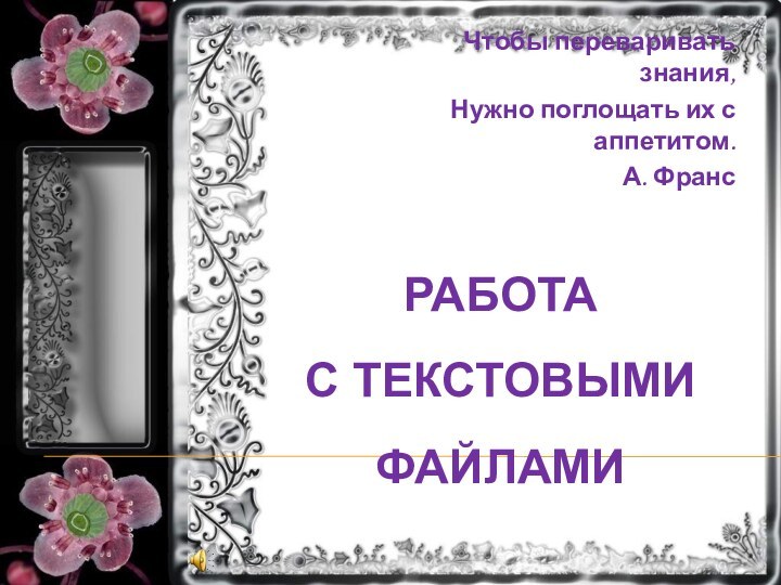 РАБОТА  С ТЕКСТОВЫМИ ФАЙЛАМИЧтобы переваривать знания,Нужно поглощать их с аппетитом.А. Франс