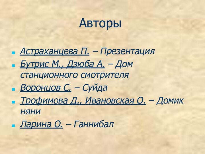 АвторыАстраханцева П. – Презентация Бутрис М., Дзюба А. – Дом станционного смотрителяВоронцов