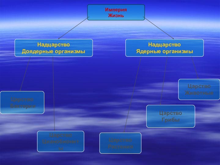 ИмперияЖизньНадцарствоДоядерные организмыЦарство БактерииЦарствоРастенияНадцарствоЯдерные организмыЦарствоЖивотныеЦарство ЦианобионитыЦарствоГрибы