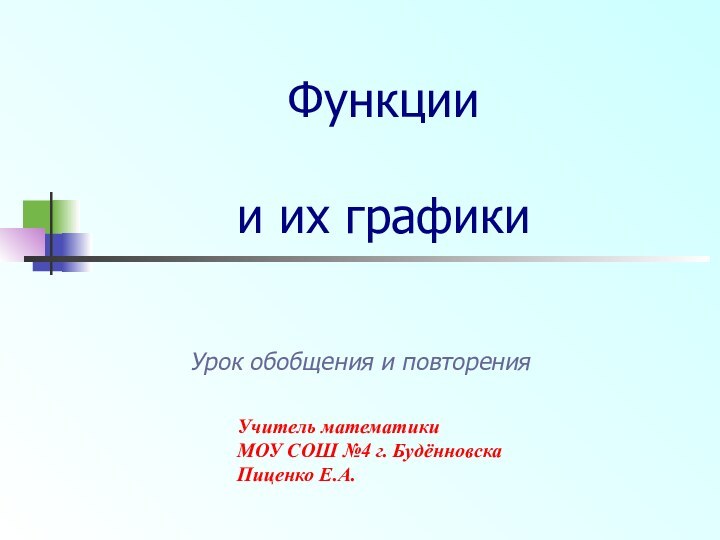 Функции   и их графикиУрок обобщения и повторенияУчитель математики МОУ СОШ №4 г. БудённовскаПиценко Е.А.