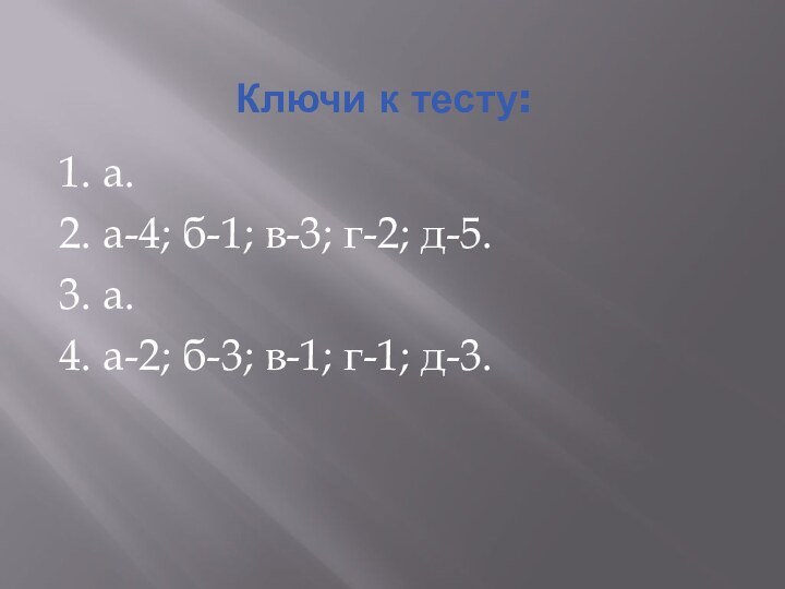 1. а.2. а-4; б-1; в-3; г-2; д-5.3. а.4. а-2; б-3; в-1; г-1; д-3.Ключи к тесту: