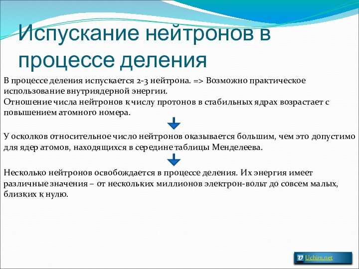 Испускание нейтронов в процессе деленияВ процессе деления испускается 2-3 нейтрона. => Возможно