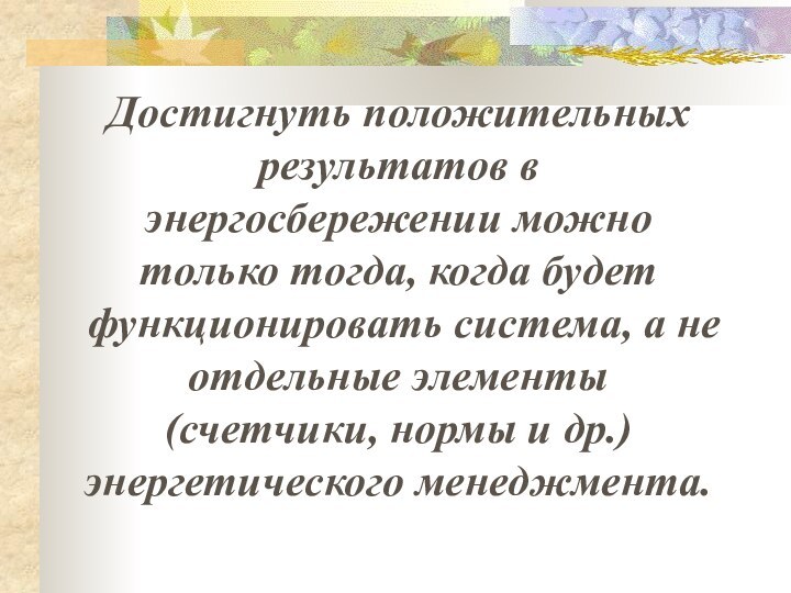 Достигнуть положительных результатов в энергосбережении можно только тогда, когда будет функционировать система,