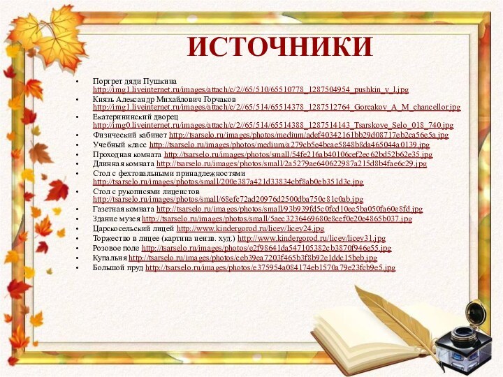 ИСТОЧНИКИПортрет дяди Пушкина http://img1.liveinternet.ru/images/attach/c/2//65/510/65510778_1287504954_pushkin_v_l.jpgКнязь Александр Михайлович Горчаков http://img1.liveinternet.ru/images/attach/c/2//65/514/65514378_1287512764_Gorcakov_A_M_chancellor.jpgЕкатерининский дворец http://img0.liveinternet.ru/images/attach/c/2//65/514/65514388_1287514143_Tsarskoye_Selo_018_740.jpgФизический кабинет http://tsarselo.ru/images/photos/medium/adef40342161bb29d08717eb2ca56e5a.jpgУчебный