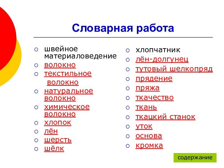 Словарная работашвейное материаловедениеволокнотекстильное 	волокнонатуральное  волокнохимическое волокнохлопоклёншерстьшёлкхлопчатниклён-долгунецтутовый шелкопрядпрядениепряжаткачествотканьткацкий станокутокосновакромкасодержание