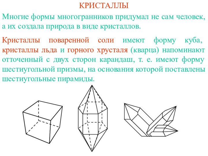 КРИСТАЛЛЫМногие формы многогранников придумал не сам человек, а их создала природа в