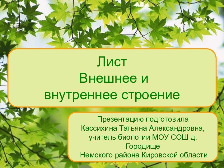 Презентацию подготовила Кассихина Татьяна Александровна, учитель биологии МОУ СОШ д.Городище Немского района