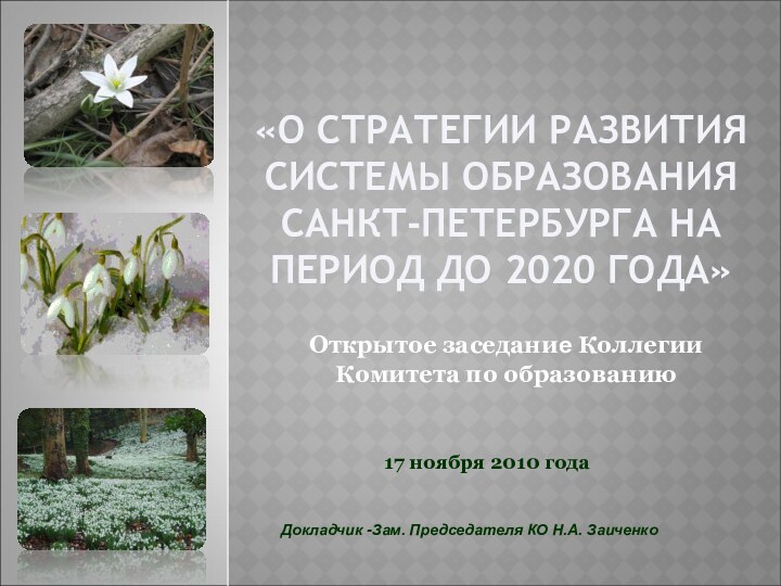 «О СТРАТЕГИИ РАЗВИТИЯ СИСТЕМЫ ОБРАЗОВАНИЯ САНКТ-ПЕТЕРБУРГА НА ПЕРИОД ДО 2020 ГОДА»Открытое заседание