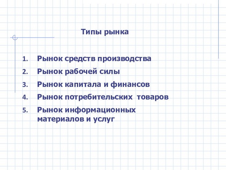 Рынок средств производстваРынок рабочей силыРынок капитала и финансовРынок потребительских товаровРынок информационных материалов и услугТипы рынка