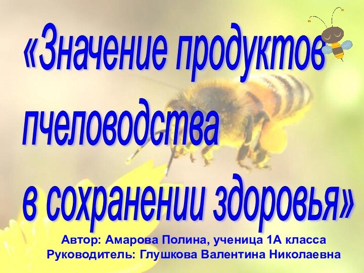 «Значение продуктов  пчеловодства  в сохранении здоровья» Автор: Амарова Полина, ученица