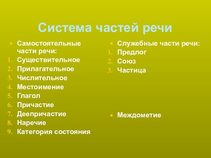 Система частей речиСамостоятельные части речи:СуществительноеПрилагательноеЧислительноеМестоимениеГлаголПричастиеДеепричастиеНаречиеКатегория состоянияСлужебные части речи:ПредлогСоюзЧастицаМеждометие