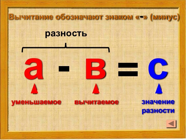 Вычитание обозначают знаком «-» (минус)ав=с-уменьшаемоевычитаемоезначение разностиразность