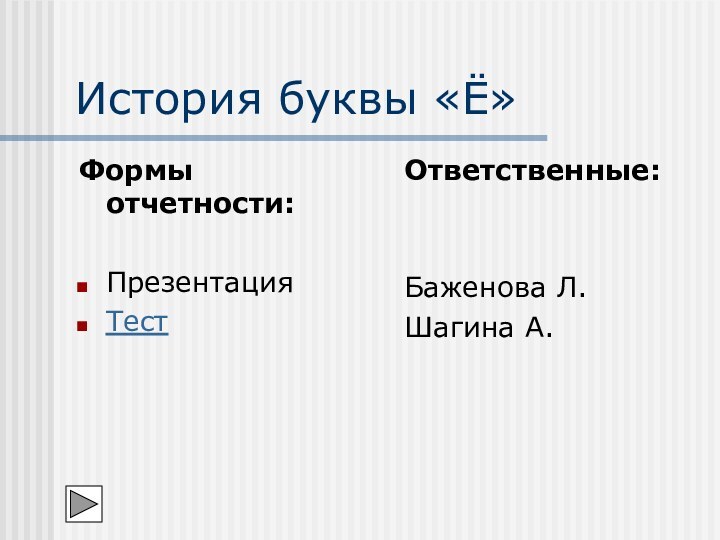 История буквы «Ё»Формы отчетности:ПрезентацияТестОтветственные:Баженова Л.Шагина А.