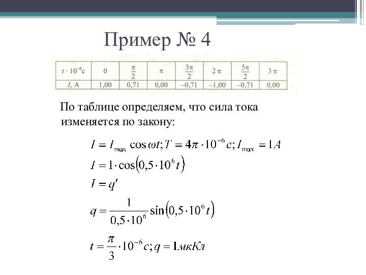 Пример № 4  По таблице определяем, что сила тока изменяется по закону: