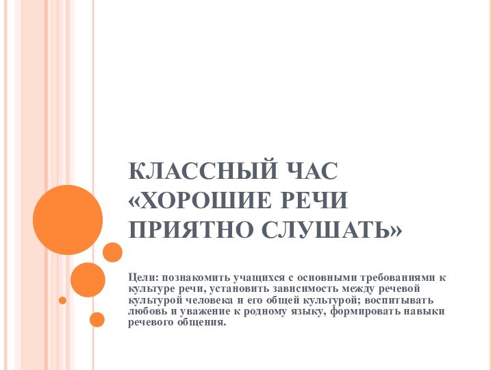 КЛАССНЫЙ ЧАС «ХОРОШИЕ РЕЧИ ПРИЯТНО СЛУШАТЬ» Цели: познакомить учащихся с основными требованиями