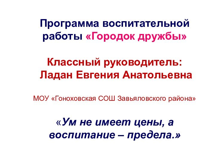 Программа воспитательной работы «Городок дружбы»  Классный руководитель:  Ладан Евгения Анатольевна 