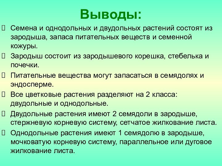 Выводы:Семена и однодольных и двудольных растений состоят из зародыша, запаса питательных веществ