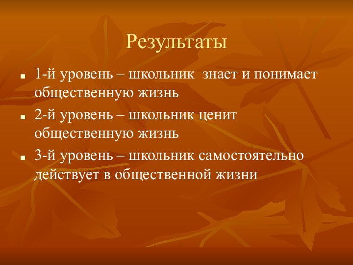 Результаты1-й уровень – школьник знает и понимает общественную жизнь2-й уровень – школьник