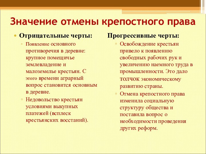 Значение отмены крепостного праваОтрицательные черты:Появление основного противоречия в деревне: крупное помещичье землевладение