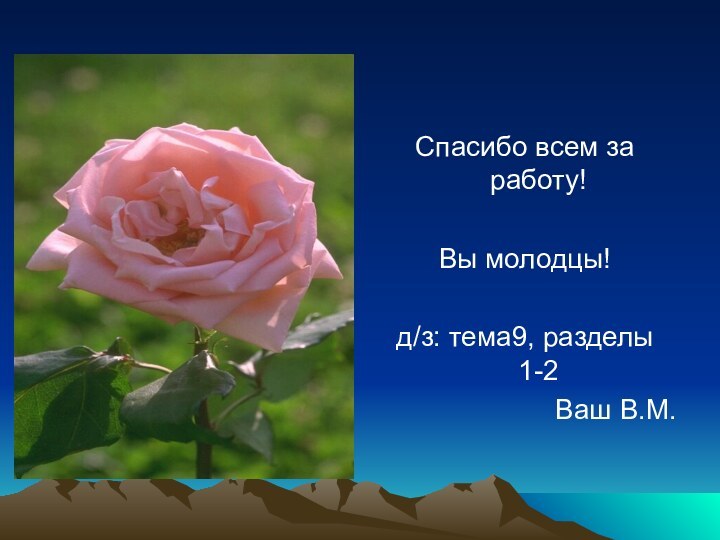 Спасибо всем за работу!Вы молодцы!д/з: тема9, разделы 1-2Ваш В.М.