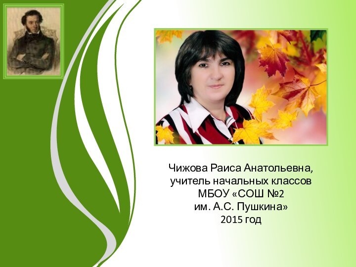 Чижова Раиса Анатольевна, учитель начальных классовМБОУ «СОШ №2 им. А.С. Пушкина»2015 год