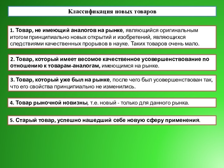 Классификация новых товаров1. Товар, не имеющий аналогов на рынке, являющийся оригинальным итогом