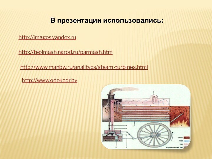 http://images.yandex.ru http://teplmash.narod.ru/parmash.htmВ презентации использовались:http://www.manbw.ru/analitycs/steam-turbines.htmlhttp://www.oookedr.by