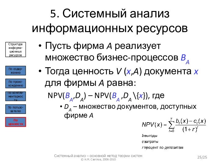 5. Системный анализ информационных ресурсовПусть фирма A реализует множество бизнес-процессов BAТогда ценность