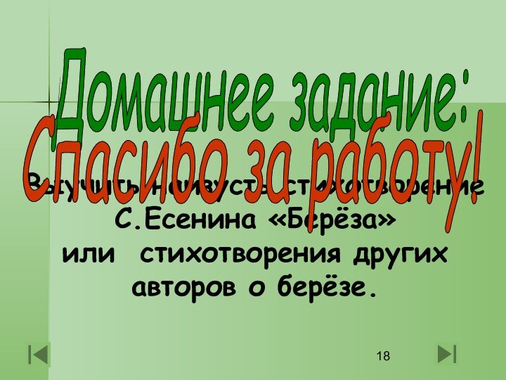 Домашнее задание: Выучить наизусть стихотворение С.Есенина «Берёза»  или стихотворения других авторов