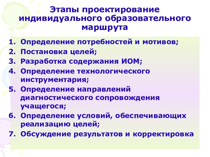 Этапы проектирование индивидуального образовательного маршрутаОпределение потребностей и мотивов;Постановка целей;Разработка содержания ИОМ;Определение технологического