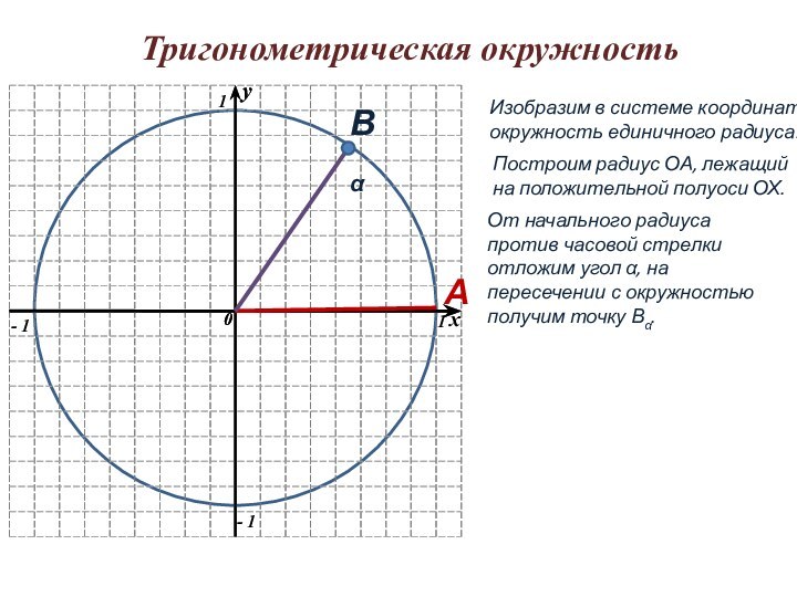 Тригонометрическая окружностьxИзобразим в системе координат окружность единичного радиуса.Построим радиус ОА, лежащий на