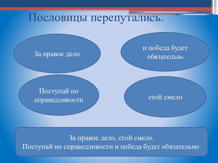 Пословицы перепутались.За правое делостой смелоПоступай по справедливостии победа будет обязательноЗа правое дело,