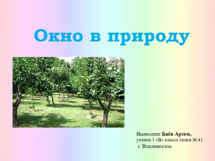 Окно в природуВыполнил Баёв Артем,ученик 1 «В» класса лицея № 41. г. Владивосток