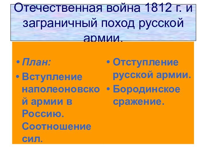 Отечественная война 1812 г. и заграничный поход русской армии.План:Вступление наполеоновской армии в