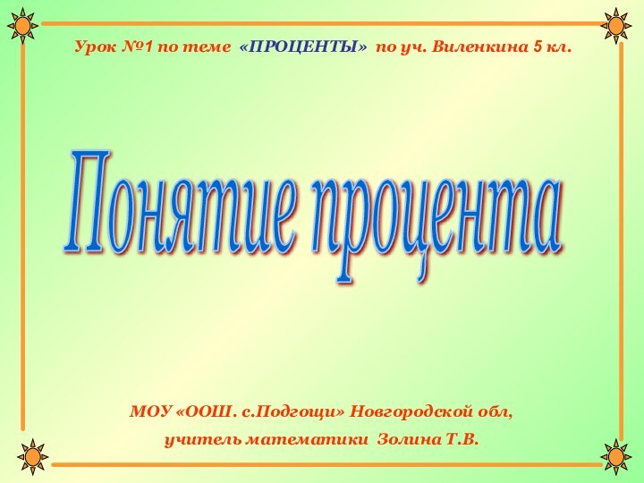 Урок №1 по теме «ПРОЦЕНТЫ» по уч. Виленкина 5 кл.Понятие процентаМОУ «ООШ.