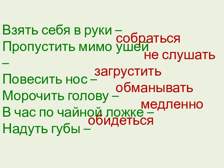 Взять себя в руки – Пропустить мимо ушей – Повесить нос –