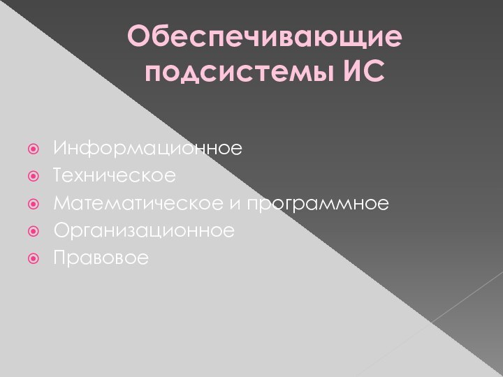 Обеспечивающие подсистемы ИСИнформационноеТехническое Математическое и программноеОрганизационноеПравовое