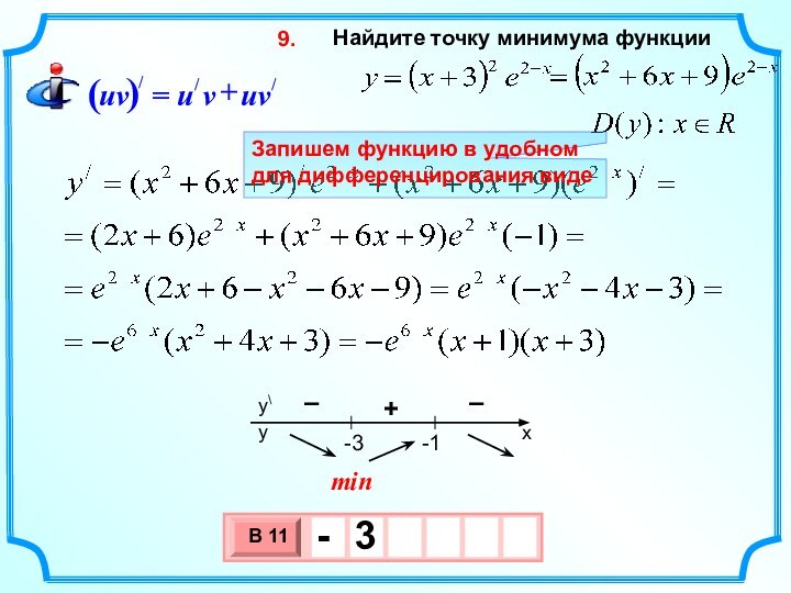 Найдите точку минимума функции 9. min–+–Запишем функцию в удобном для дифференцирования виде