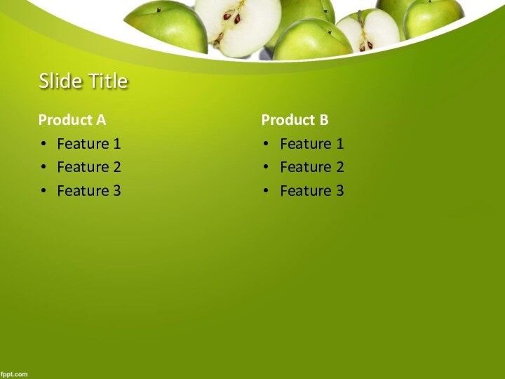 Slide TitleProduct AFeature 1Feature 2Feature 3Product BFeature 1Feature 2Feature 3