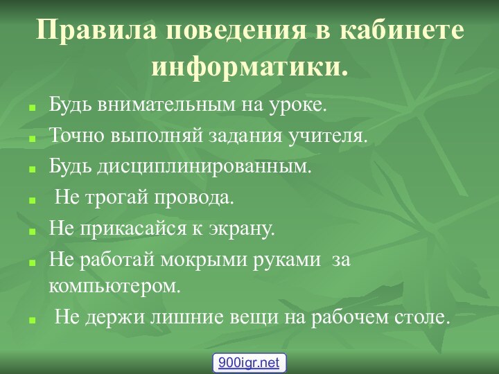 Правила поведения в кабинете информатики.Будь внимательным на уроке.Точно выполняй задания учителя.Будь дисциплинированным.