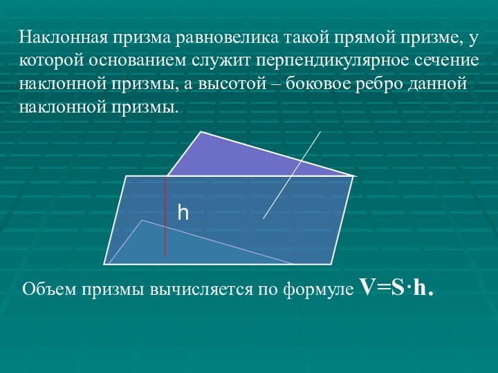 Наклонная призма равновелика такой прямой призме, у которой основанием служит перпендикулярное сечение