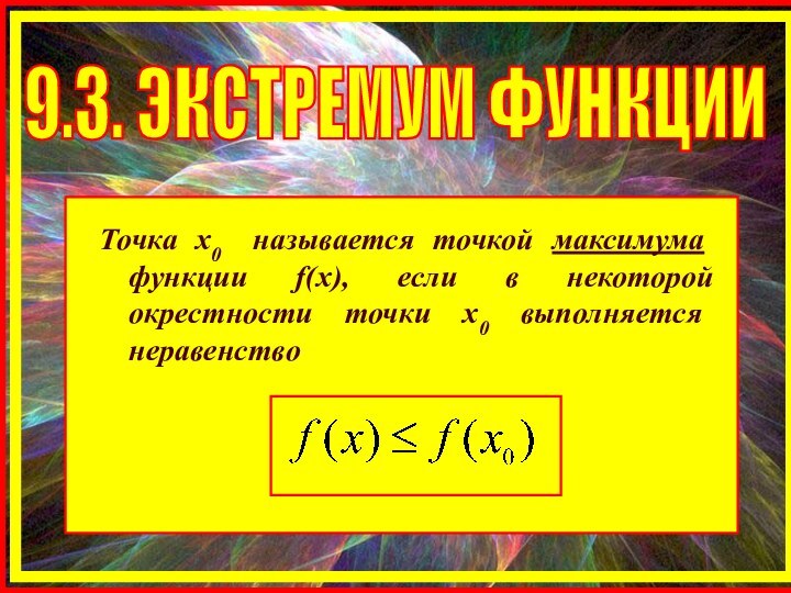 9.3. ЭКСТРЕМУМ ФУНКЦИИТочка х0 называется точкой максимума функции f(x), если в некоторой