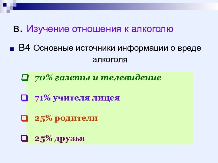 в. Изучение отношения к алкоголюВ4 Основные источники информации о вреде алкоголя