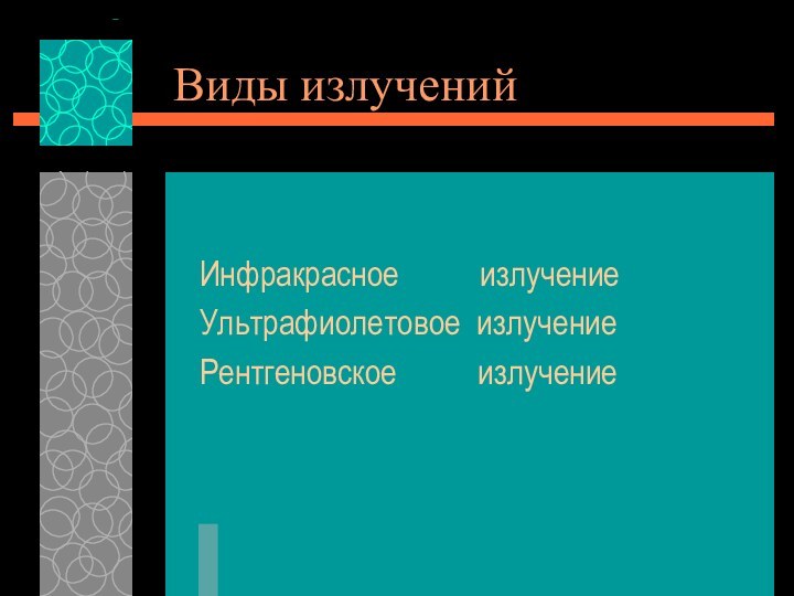 Виды излучений Инфракрасное     излучение Ультрафиолетовое излучениеРентгеновское     излучение