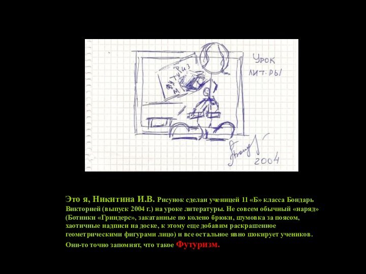 Это я, Никитина И.В. Рисунок сделан ученицей 11 «Б» класса Бондарь Викторией