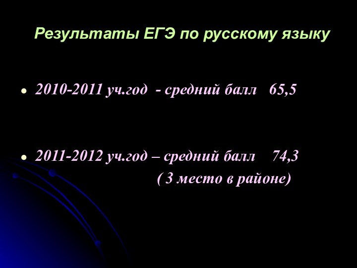 Результаты ЕГЭ по русскому языку2010-2011 уч.год - средний балл  65,52011-2012 уч.год